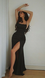 Niulatu Black Spaghetti Straps Slit Mermaid Prom Dress Evening Dress HZ1007