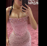 Niulatu Pink Mermaid Beaded Evening Gown Spaghetti Straps Slit Long Prom Party Dress HZ1007