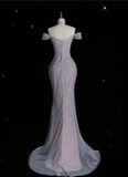 Niulatu Lilac Tulle Beaded Mermaid Off The Shoulder Evening Dress Long Prom Dress HZ1007