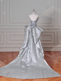 Niulatu Silver Sequin 3D Beaded Mermaid Evening Dress Long Prom Dress With Bow HZ1007