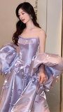 Niulatu Lilac Satin Appliques Prom Dress Strapless A-Line Evening Gown HZ1007