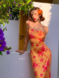 Niulatu Sheath Spaghetti Straps Orange Print Floral Satin Long Prom Dress Outfits HZ0113