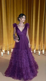 Niulatu Purple Tulle Layered Ruffles Prom Dress A Line Long Evening Dress HZ1007