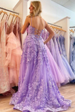 Niulatu Lavender Spaghetti Straps A-Line 3D Lace Floral Long Prom Dress A Line Evening Dress HZ1007