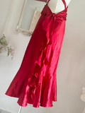 Niulatu Red A Line Straps Ruffle Satin Prom Dress Wedding Guest Dress with Slit HZ0113