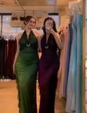 Niulatu Green Chiffon Halter Long Prom Dress Glitter Evening Dress HZ1007