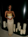 Niulatu Mermaid Strapless Long Yellow Sequin Satin Party Dresses Prom Dresses SD2042