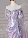 Niulatu Lilac Sequin Tulle Beaded Mermaid Slit Evening Dress Off The Shoulder Tulle Appliques Prom Dress HZ1007