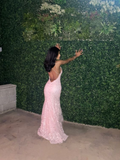 Niulatu Pink Backless Sleeveless Lace Mermaid Evening Dresses with Train HZ1007