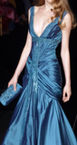 Niulatu Blue Sequins Satin Ruched Evening Dress Long Mermaid Prom Dress HZ1007