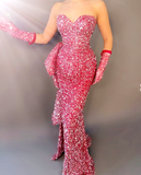 Niulatu Hot Pink Sequin Strapless Mermaid Evening Dress Long Prom Dress With Gloves HZ1007