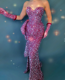 Niulatu Hot Pink Sequin Strapless Mermaid Evening Dress Long Prom Dress With Gloves HZ1007