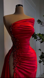 Niulatu Red Satin Long Evening Dress with High Slit HZ1007