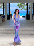 Niulatu Piece Mermaid Halter Purple Print Floral Chiffon Long Prom Dress Outfits HZ0113
