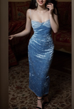 Niulatu Blue velvet Prom Dress Spaghetti Straps Evening Dress HZ1007