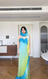 Niulatu Sheath Spaghetti Strap Ruffle Yellow Blue Ombre Chiffon Prom Dress Wedding Guest Dress HZ0113