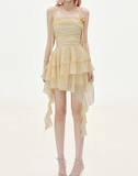 Niulatu A Line Halter Layered Yellow Chiffon Open Back Short Homecoming Dress Cocktail Dress HZ0113