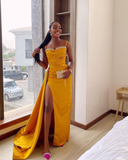 Niulatu Yellow Mermaid Side Slit Prom Dress Evening Dress Formal Gowns HZ1007