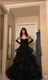Niulatu A Line Sweetheart Neck Black Tiered Tulle Long Prom Dress Evening Dress HZ0113
