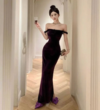 Niulatu Velvet Long Sheath Prom Dress Purple Off Shoulder Slit Party Evening Gown HZ1007