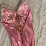 Niulatu Pink Spaghetti Straps Satin Beaded Evening Dress Long Prom Dress HZ1007