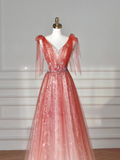 Niulatu V Neck Tulle Sequins Prom Dress Strawberry Pink A Line Long Evening Dress HZ1007