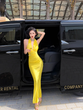 Niulatu Bright Yellow Sheath Halter Satin Open Back Prom Dress Evening Dress with Slit HZ0113