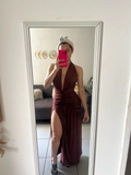 Niulatu Halter Backless Brown A Line Slit Prom Dress Deep V Evening Dress HZ1007