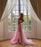 Niulatu Pink Strapless High Slit Flower Prom Dress HZ0113