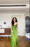 Niulatu Green A Line Halter Satin Prom Dress Wedding Guest Dress HZ0113