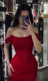Niulatu Off Shoulder Sequins Red Prom Dress Evening Dress With Side Slit HZ1007