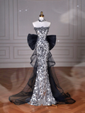 Niulatu Glitter Sequins Tulle Mermaid Prom Dress Strapless Evening Dress With Bow HZ1007