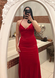 Niulatu Red Spaghetti Straps Red Velvet Evening Dress Mermaid Prom Dress HZ1007