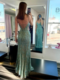 Niulatu Green Spaghetti Straps Tulle Sequins Evening Gown Slit Prom Dress HZ1007
