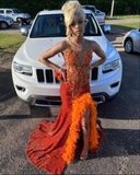 Niulatu Sheath Formal Dresses With Slit Orange Shiny Sequins Evening Dress HZ1007