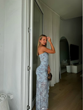 Niulatu Chiffon Print Floral Long Prom Dress Strapless Slit Party Evening Dress HZ1007
