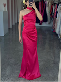 Niulatu One Shoulder Hot Pink Satin Sheath Prom Dress Long Evening Dress HZ1007
