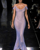 Niulatu Off The Shoulder Mermaid Evening Dress Lilac Sequins Prom Dress HZ1007