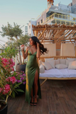 Niulatu Spaghetti Straps Green Prom Dress Long Slit Evening Dress HZ1007