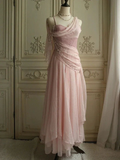 Niulatu Pink Chiffon Sweetheart Spaghetti Straps Long Prom Evening Dress With Pearls HZ1007