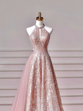 Niulatu Pink Halter Sequins Tulle A Line Prom Dress Evening Dress HZ1007