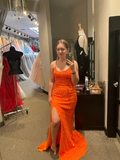 Niulatu Orange Prom Dresses Sleeveless Sequined Slit Evening Gown HZ1007