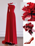 Niulatu Red A Line One Shoulder Chiffon Long Prom Dress Party Dress HZ0113