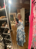 Niulatu Blue Sleeveless V-Neck Lace Ruffle Tiered Evening Dress Formal Prom Dress HZ1007