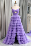 Straps Light Purple Tulle Ruffle A-line Long Prom HZ0308