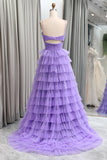 Straps Light Purple Tulle Ruffle A-line Long Prom HZ0308