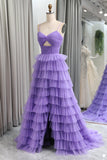 Straps Light Purple Tulle Ruffle A-line Long Prom HZ0308