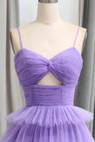 Straps Light Purple Tulle Ruffle A-line Long Prom HZ0308