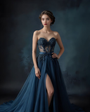 Niulatu Strapless Navy Blue Tulle Appliques Prom Dress A Line Slit Evening Dress HZ1007