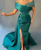 Niulatu Green Off The Shoulder Satin Sequins Prom Dress Long Slit Mermaid Evening Dress HZ1007